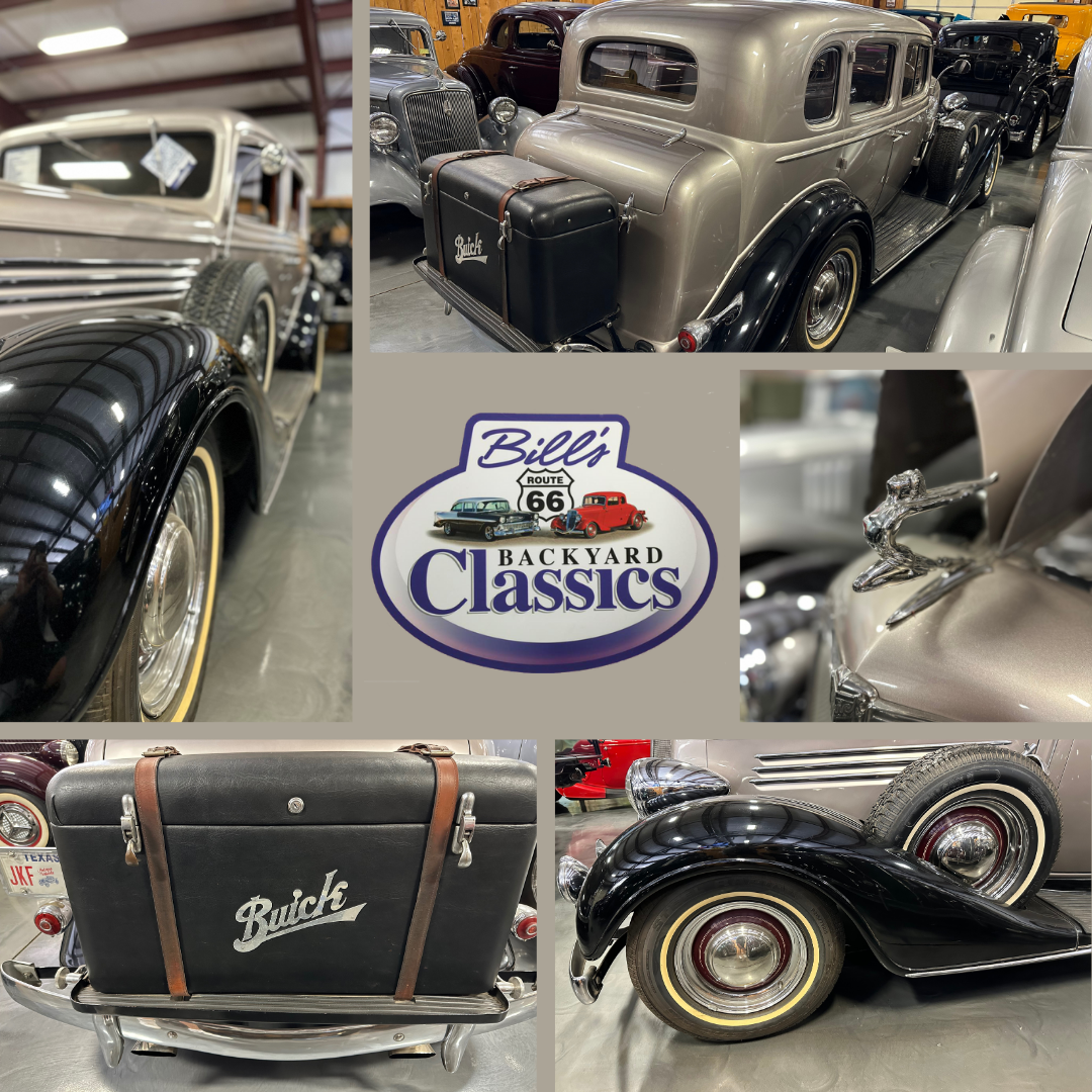 Collage: Classic cars at Bill's Backyard Classics, featuring a silver sedan, black trunk with 