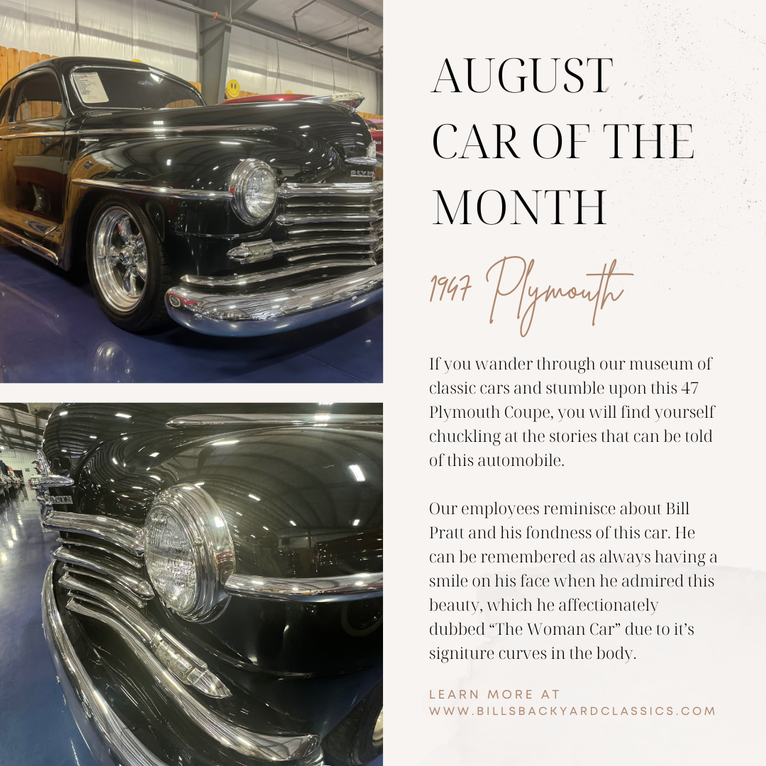 Black 1947 Plymouth featured as August Car of the Month.  Photos of the car are displayed.