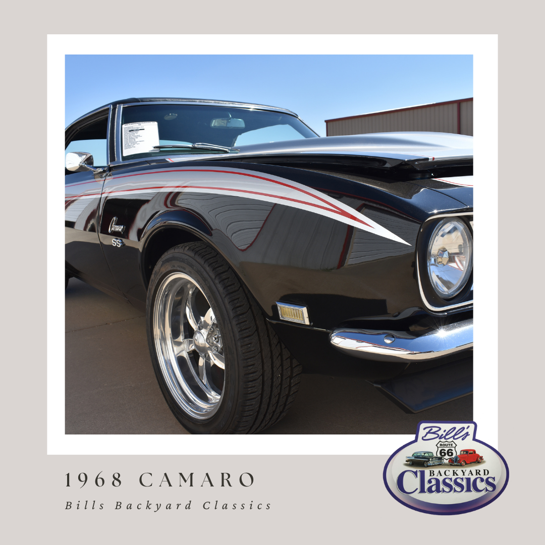 Black 1968 Camaro with racing stripes; Backyard Classics logo.