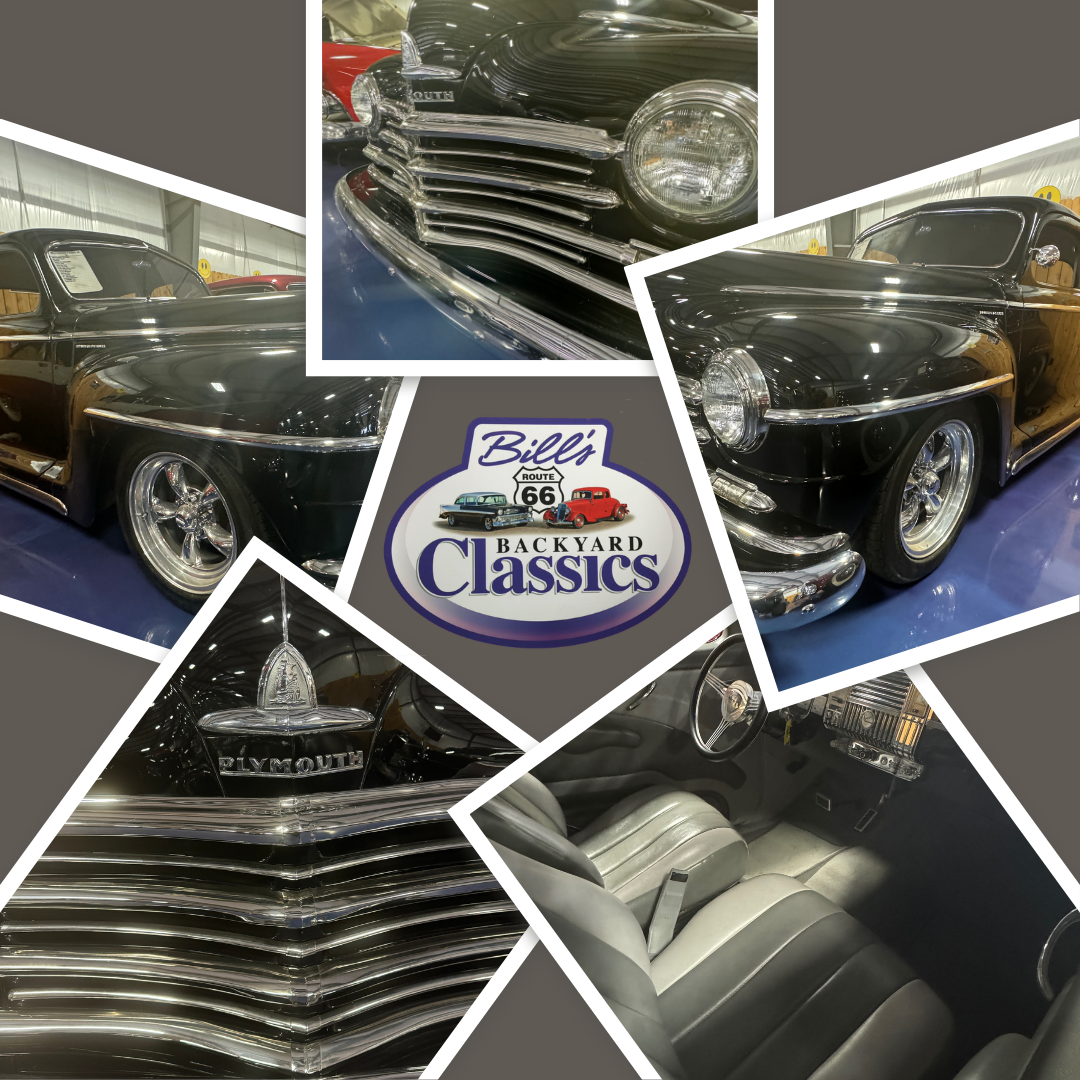 Collage of a black classic car with chrome detailing, interior, and logo 
