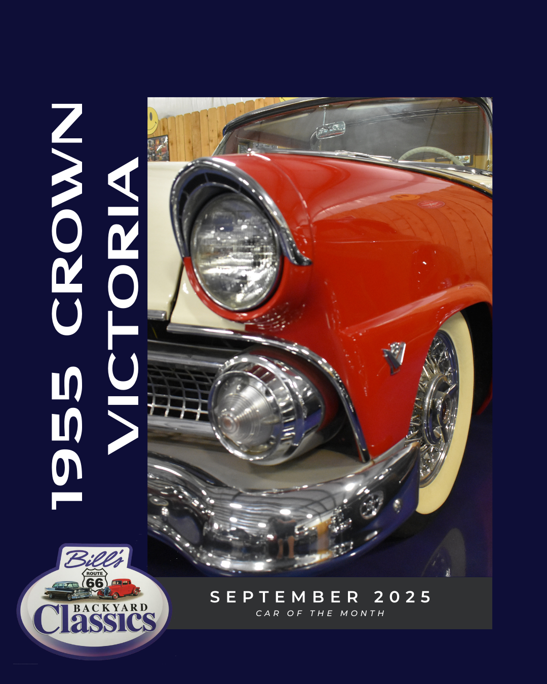 1955 Ford Crown Victoria car, red and white, chrome details, September 2026 event.