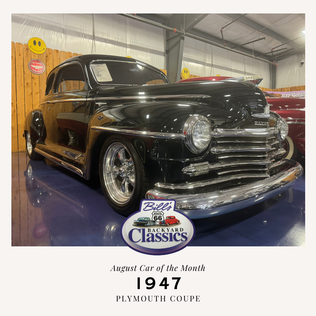 Black 1947 Plymouth coupe, chrome details, displayed at Bell's Olde Country Classics. 