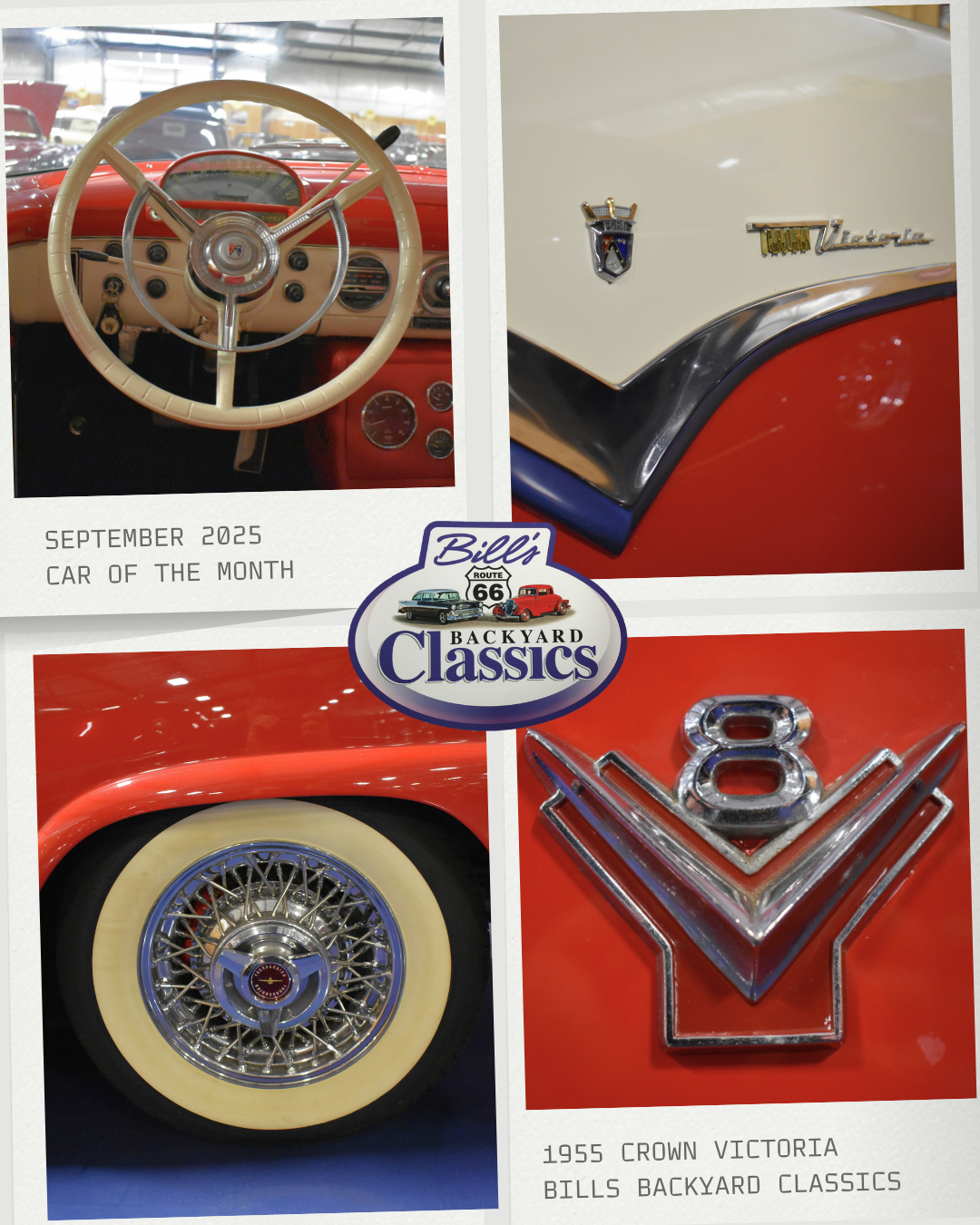 Collage of a red and white 1955 Ford Crown Victoria with classic car details.