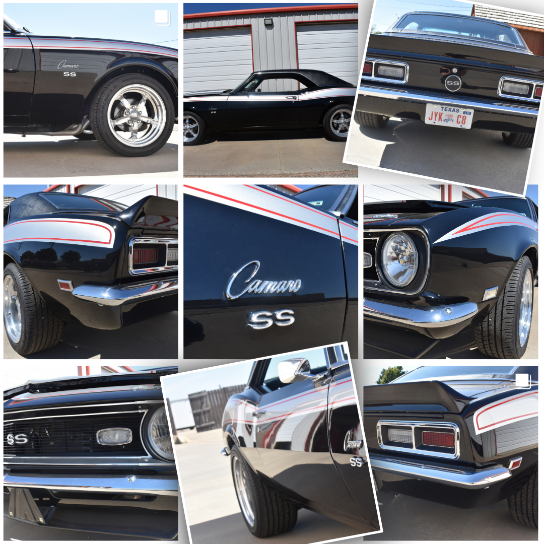 Collage of a black 1968 Chevrolet Camaro SS muscle car with white stripes and chrome detailing.