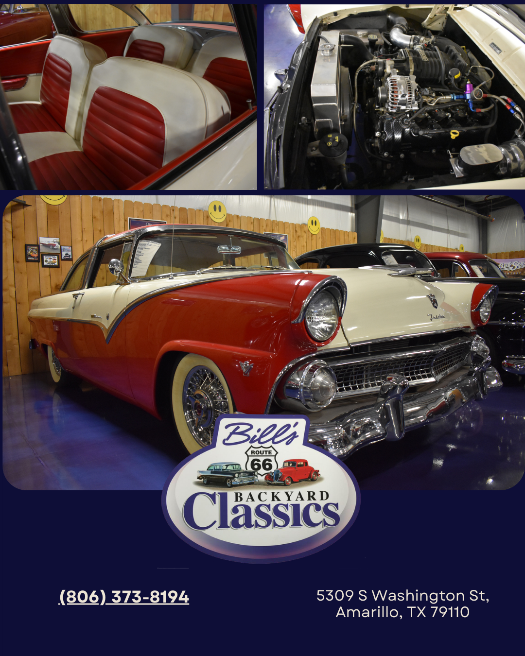 Classic red and white car, with interior and engine views, at Billy's Backyard Classics in Amarillo, TX.
