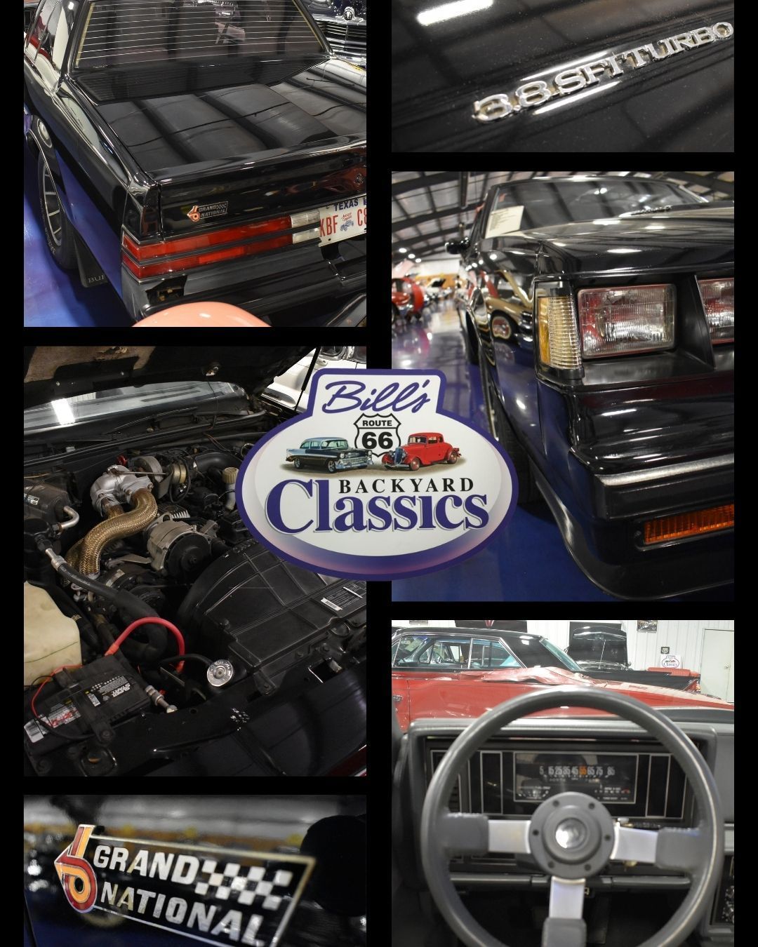 Collage of a black Buick Grand National at Bill's Backyard Classics: closeups of the car, engine, steering wheel, and logo.