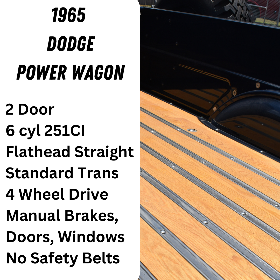 1965 Dodge Power Wagon with text listing its features, with a view of the truck bed.