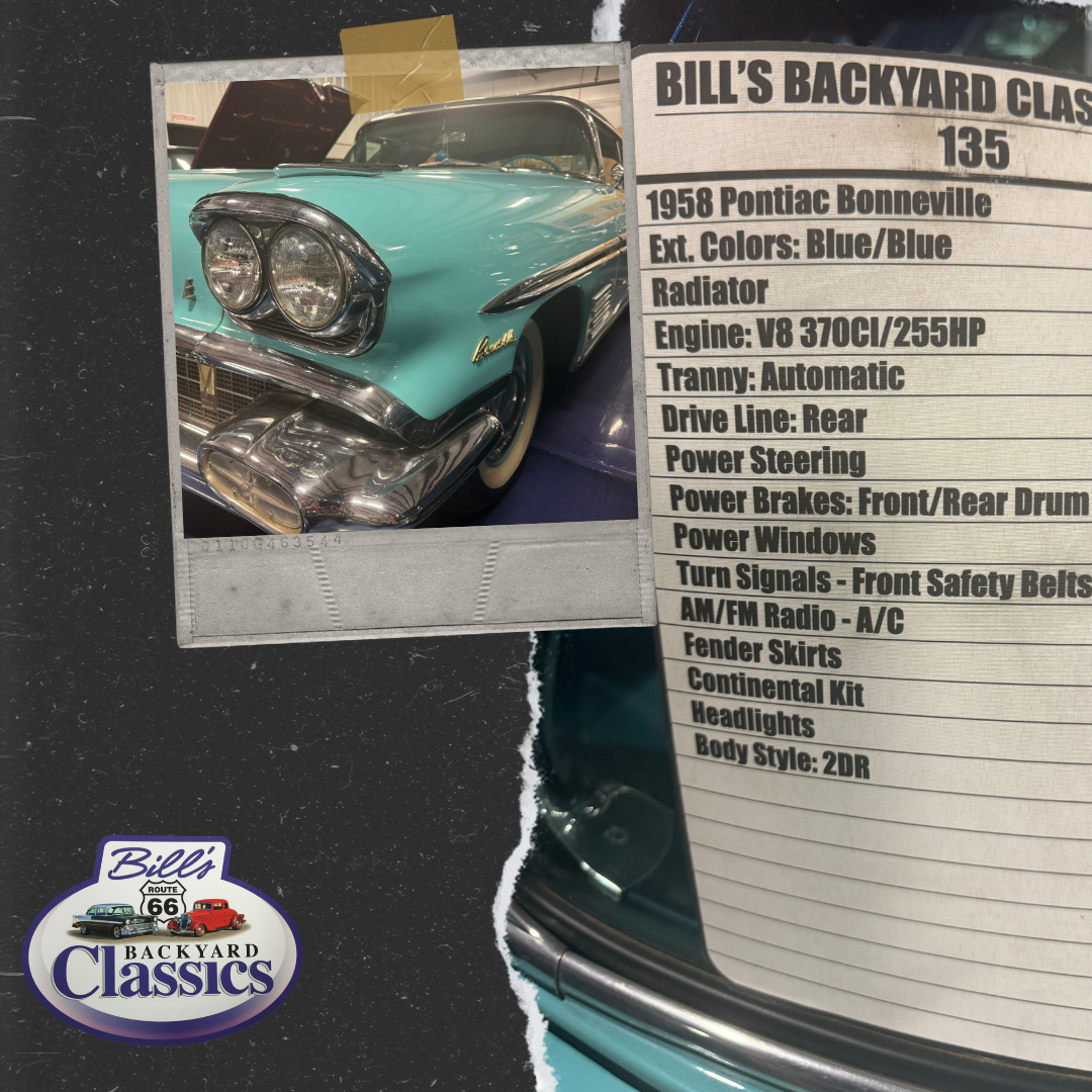 Close-up of a blue 1958 Pontiac Bonneville, with a list of car features on a document.