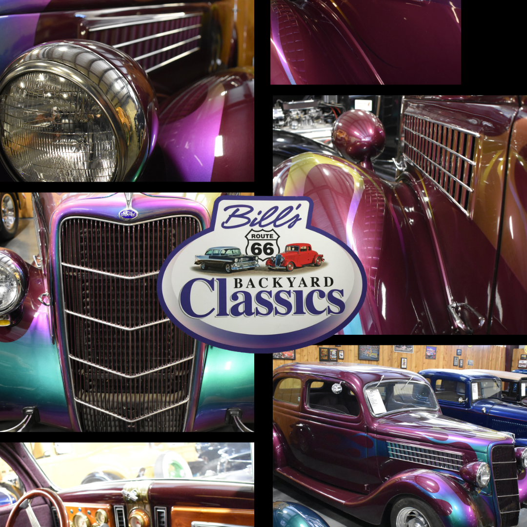 Collage of classic cars in purplish-blue and gold with logo of 
