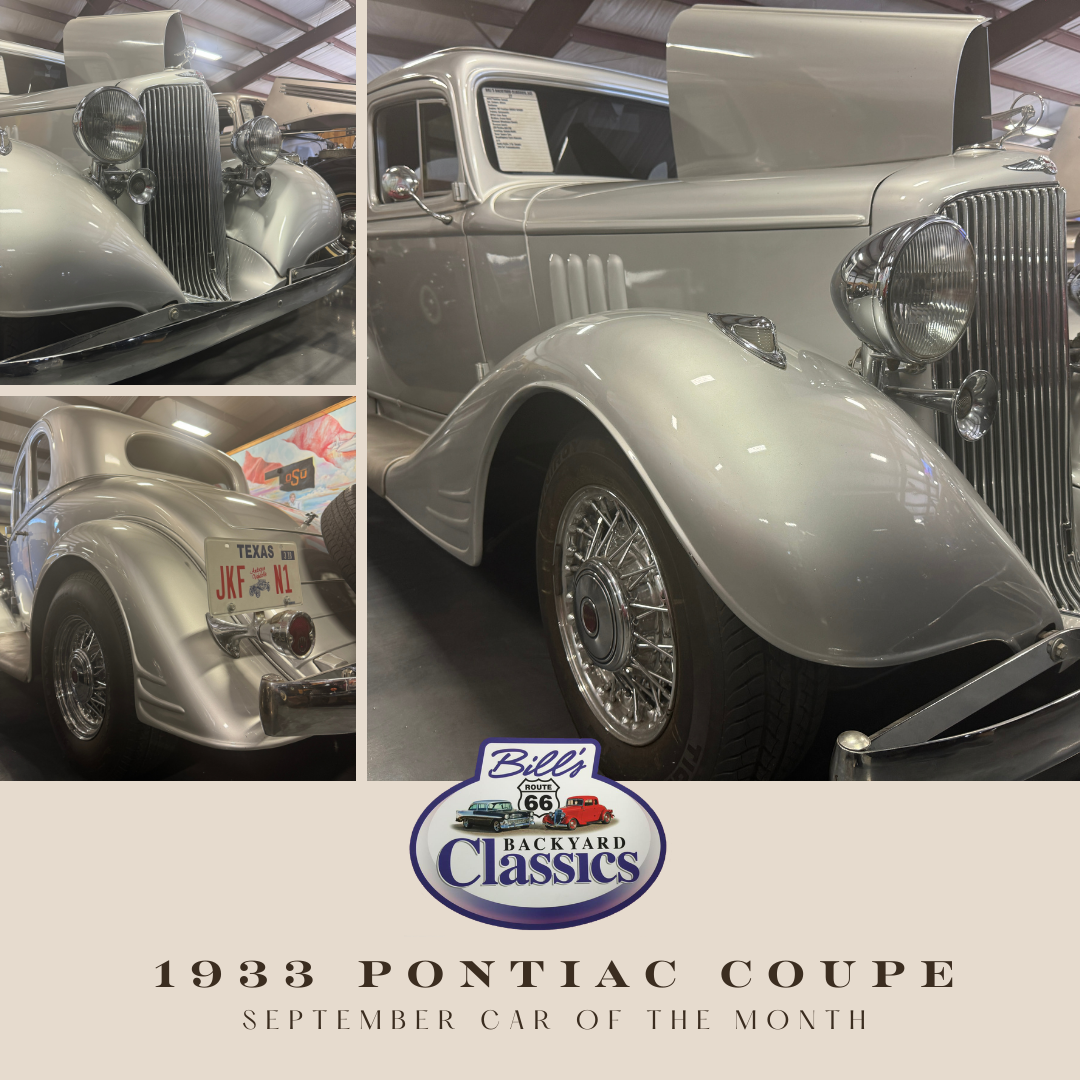 Silver 1933 Pontiac Coupe on display at Bill’s Backyard Classics car show, September car of the month.
