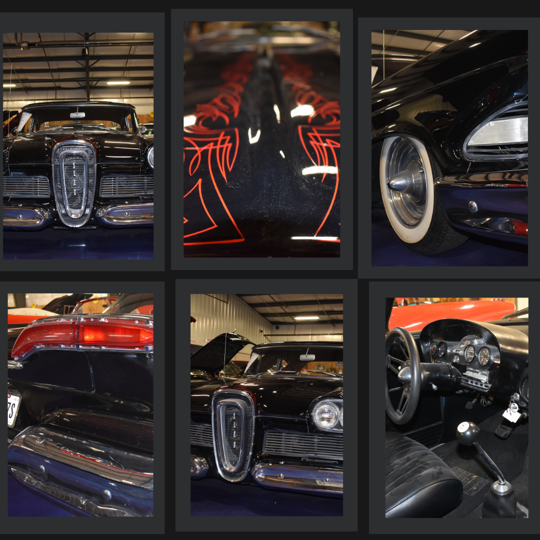 Six black and red classic car detail shots at indoor car show.