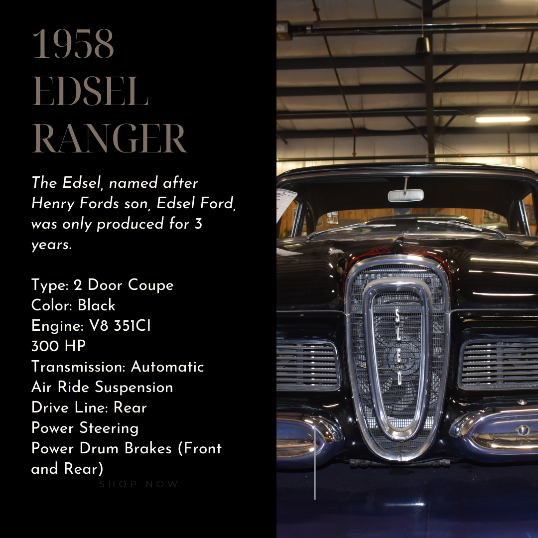Black 1958 Edsel Ranger coupe car with details: V8 engine, 300 HP, automatic transmission. Text provides car's history.