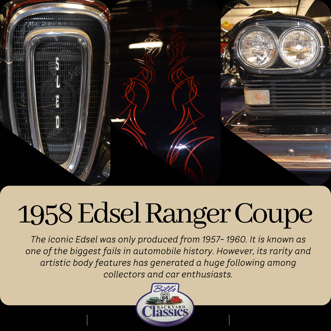 1958 Edsel Ranger Coupe with a black body and red pinstripes. Features a unique front grill and headlights.
