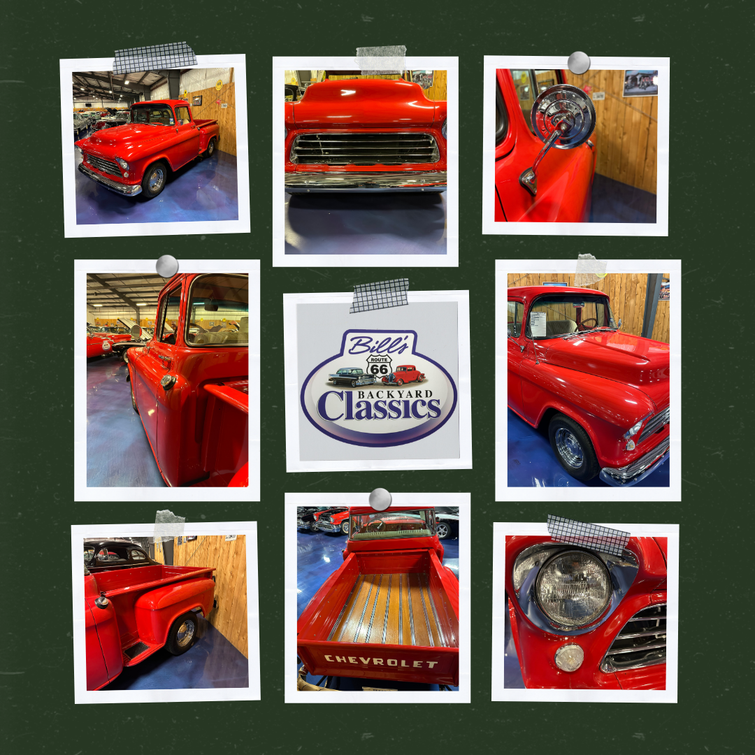 A collage of a red vintage Chevrolet truck from multiple angles, inside a garage with the logo for 