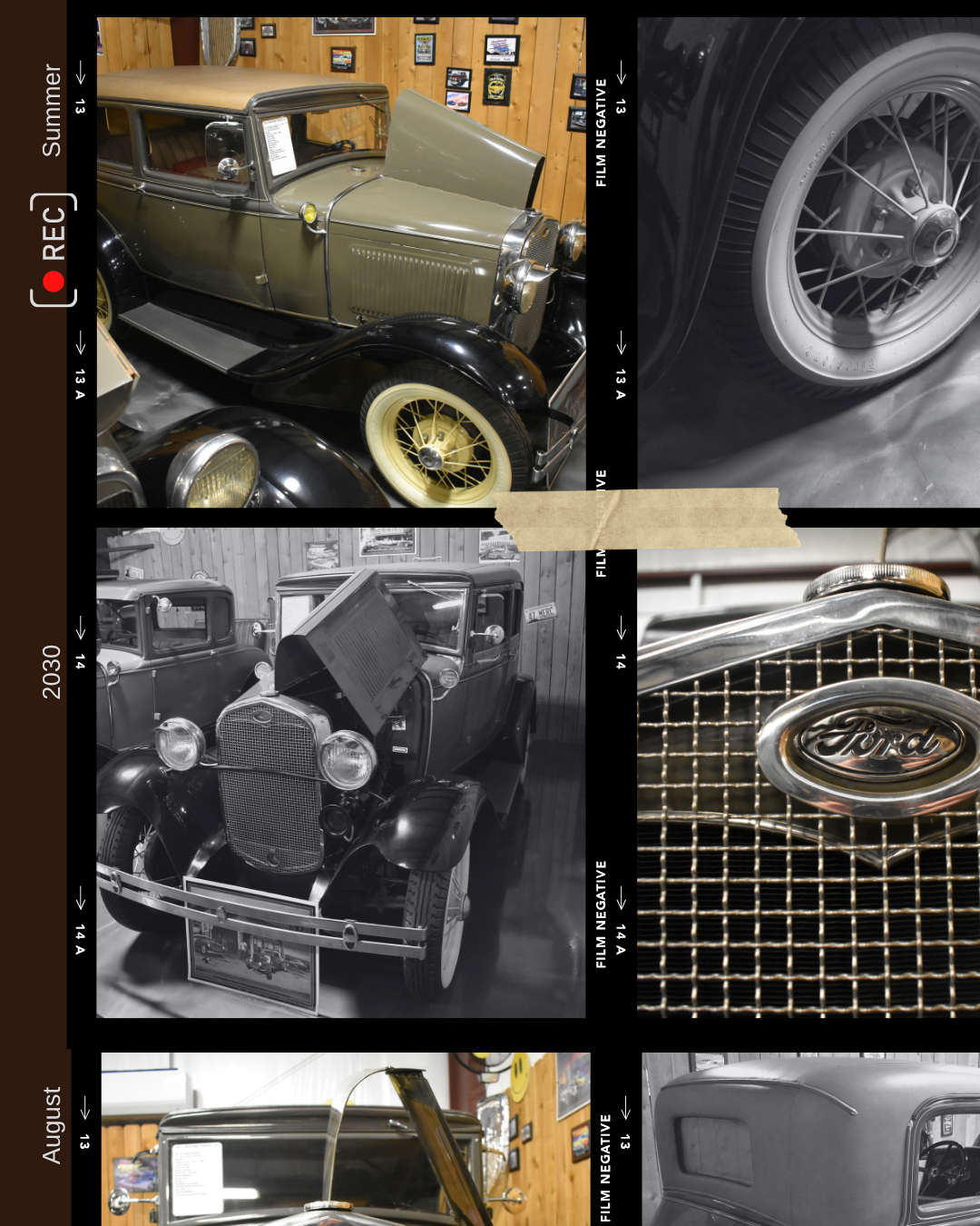 Collage of vintage Ford cars: green car, grayscale cars with white-rimmed tires, close-up of grille with Ford logo.