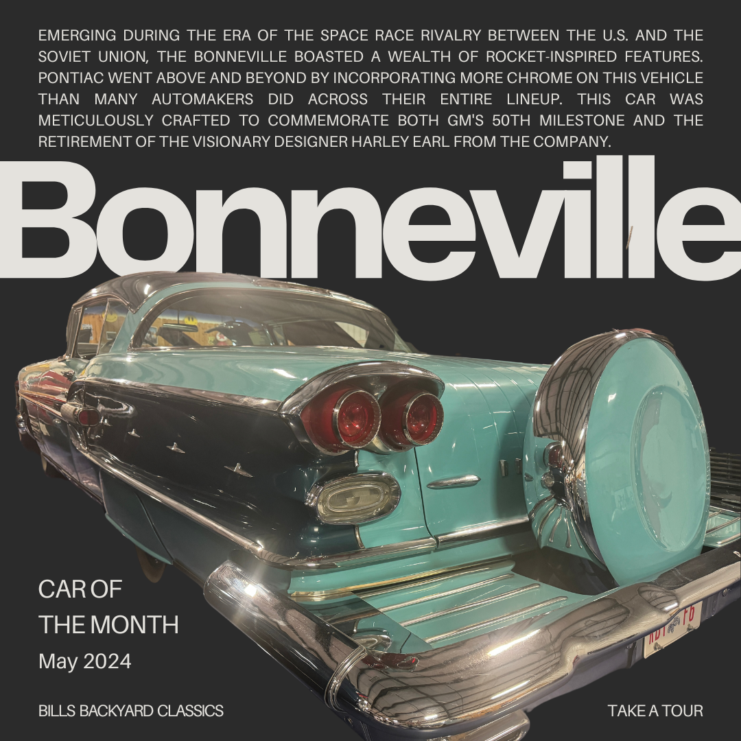 A vintage teal Bonneville car with chrome details is the 