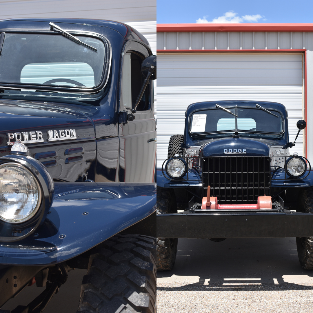 Two views of a vintage blue Dodge Power Wagon. Left side view shows the hood, right side view shows the front grille.