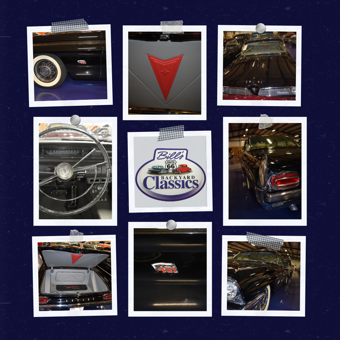 Collage of photos: classic black car details, including steering wheel, emblems, and interior.