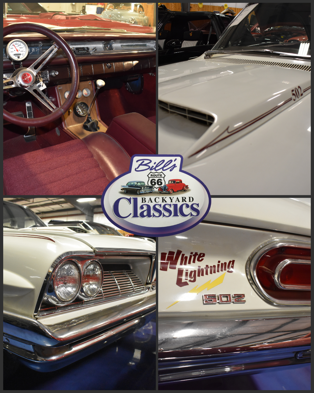Classic car collage: interior, hood scoop, front grill, taillight of a white car, Bill's Backyard Classics logo.
