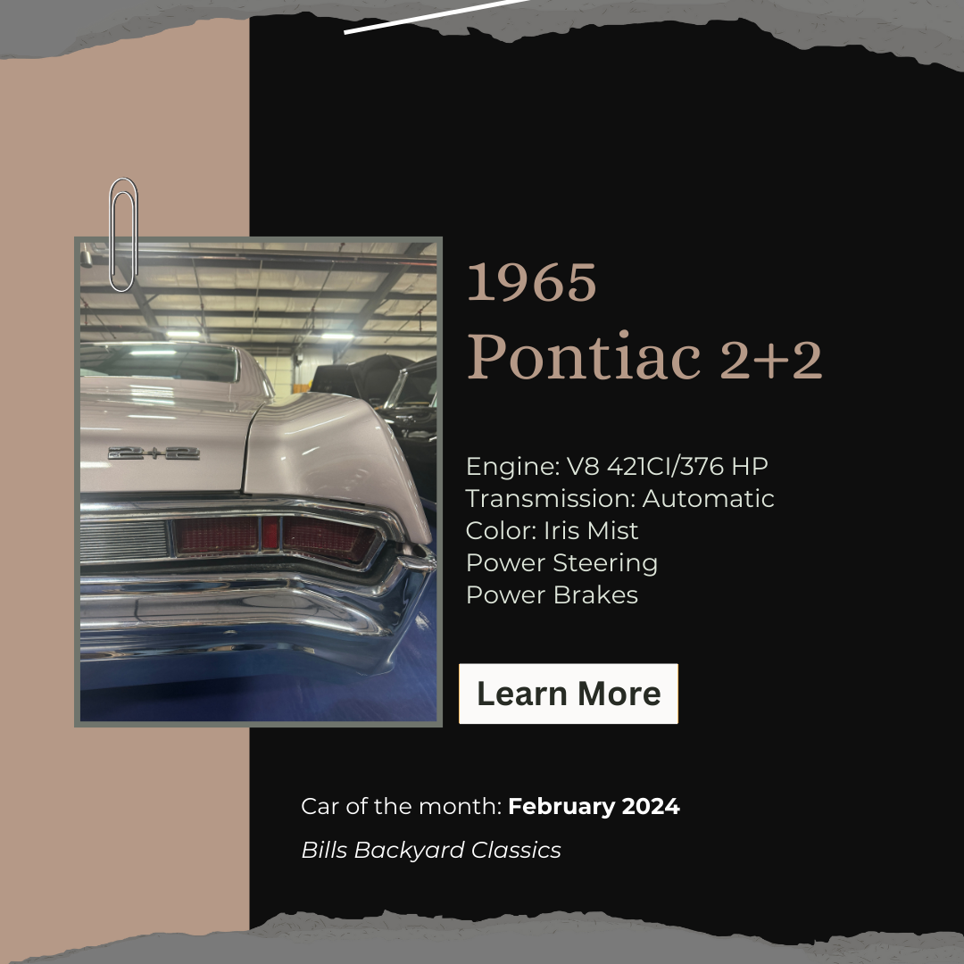 1965 Pontiac 2+2 car ad. Dark background, white text. Features engine, transmission, color, steering & brakes.