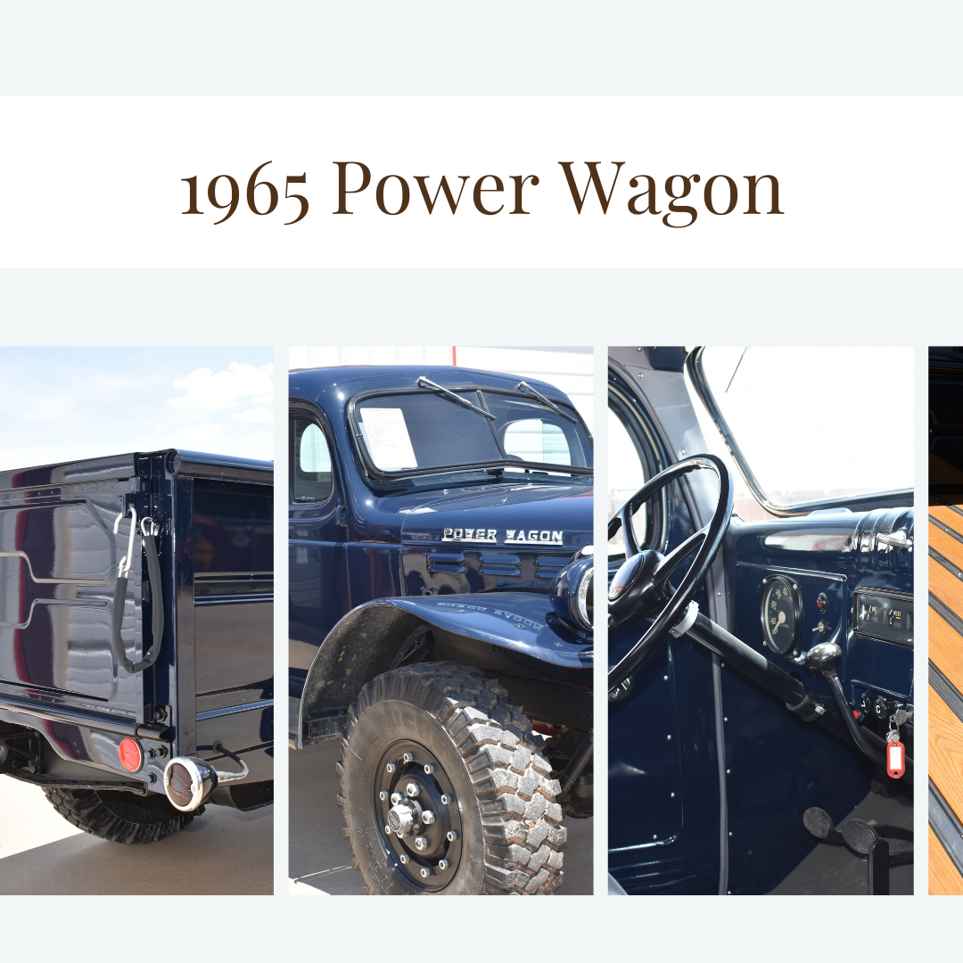 1965 Power Wagon with blue exterior, front view of cab, interior, and rear view of truck.