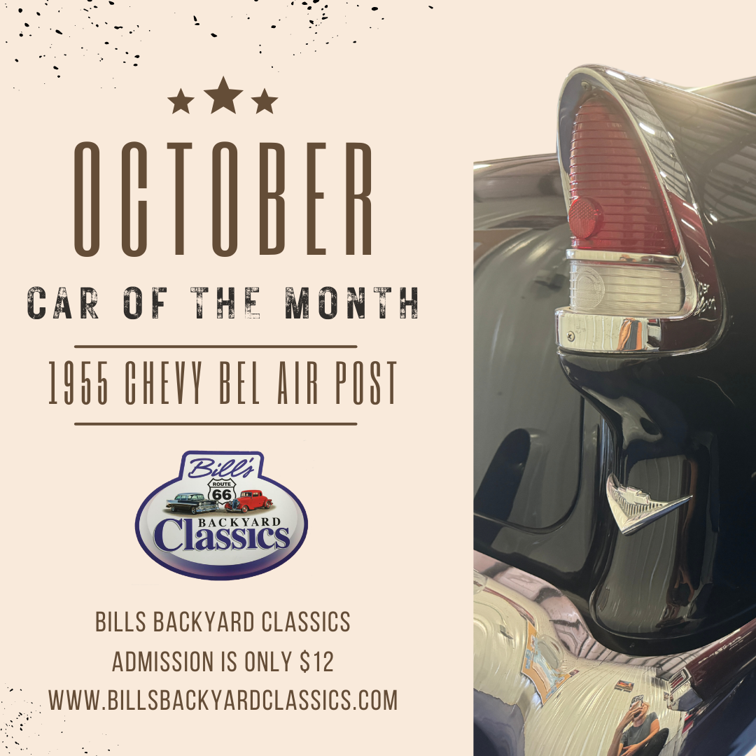 October car of the month: 1955 Chevy Bel Air Post. Features a classic car taillight against a beige background.