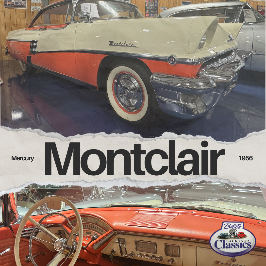 1956 Mercury Montclair, two-tone cream and red classic car. Interior with red dashboard and steering wheel is visible.