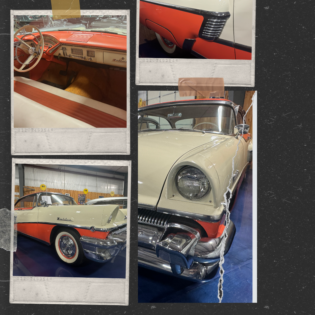 Collage of a cream and red classic car, interior and exterior views.