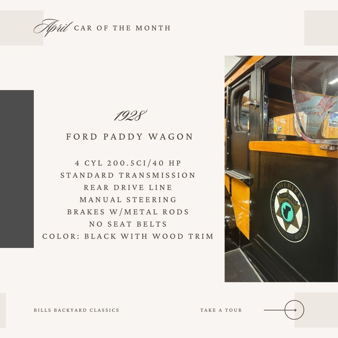 April Car of the Month: 1928 Ford Paddy Wagon, black with wood trim, displayed with specs.