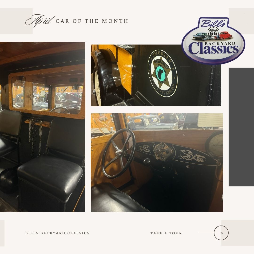 Interior views of a vintage yellow car. Details include seats, steering wheel, and dashboard. 