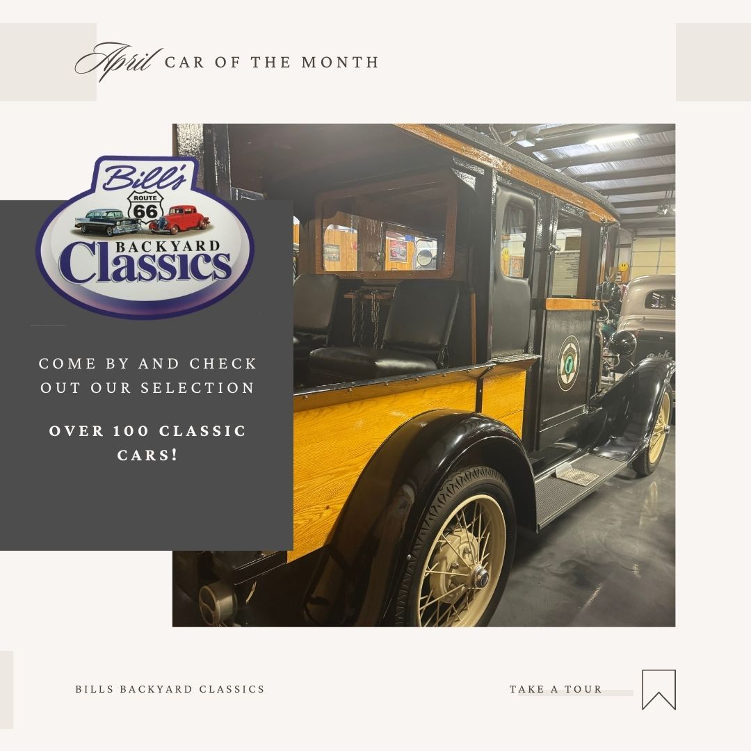 Advertisement for Bill's Backyard Classics. Classic black and yellow car with text: 