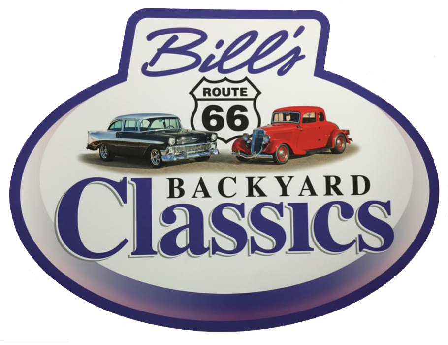 Bill's Backyard Classics logo: Classic cars with Route 66 sign. Blue, white, and red color scheme.