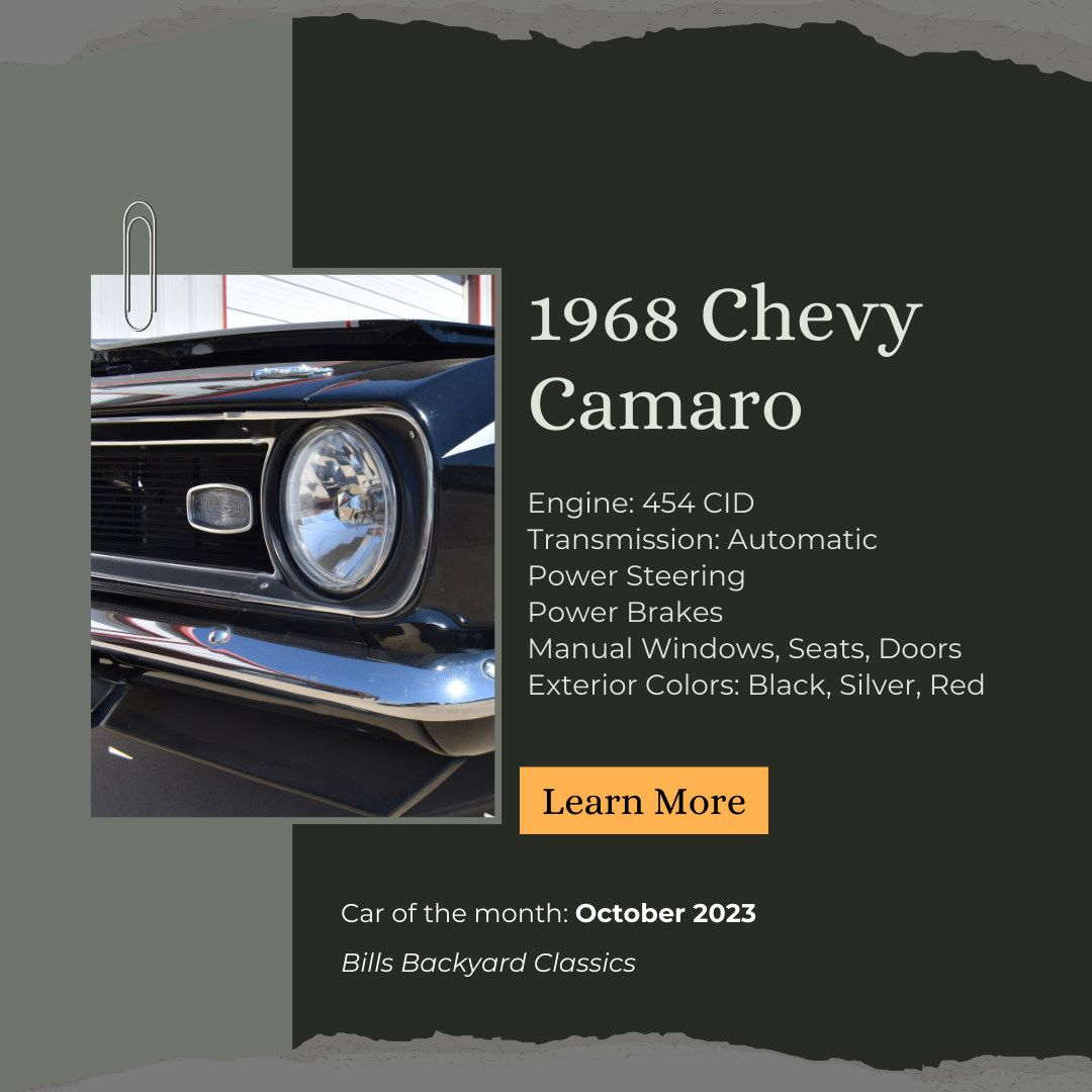 1968 Chevy Camaro ad. Black car with chrome trim, text on dark background. 