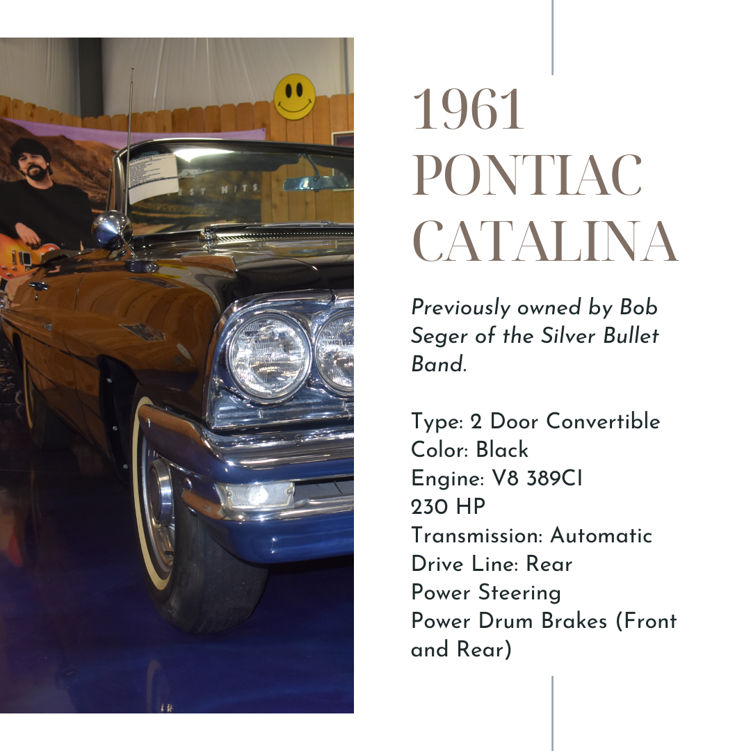 1961 Pontiac Catalina, black convertible, previously owned by Bob Seger. Car details listed on right.