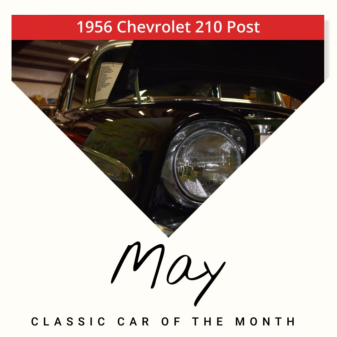 Close-up of a 1956 Chevrolet 210 Post car headlight, May's Classic Car of the Month, black paint.