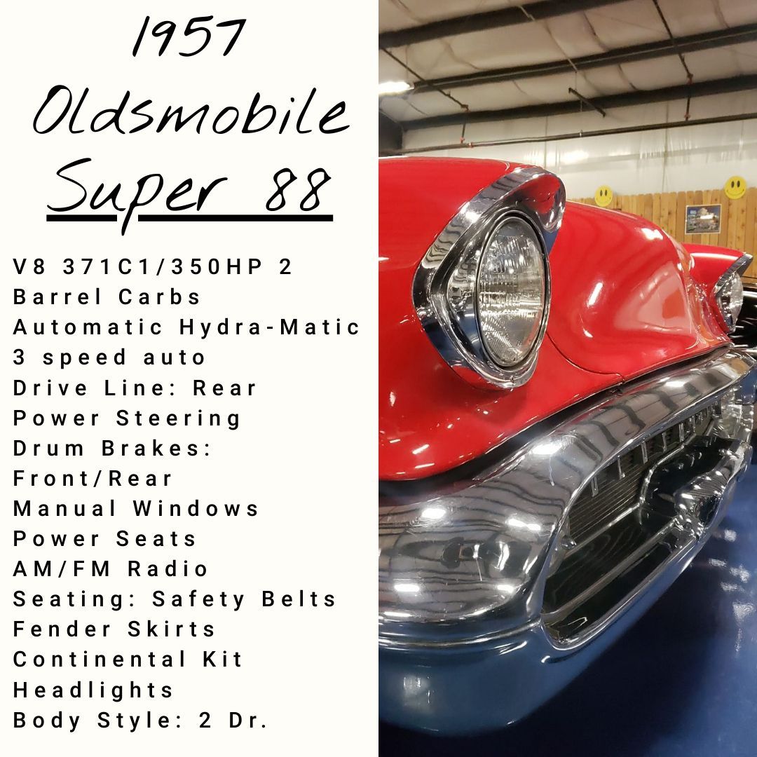 1957 Oldsmobile Super 88 with red paint and chrome detailing. Text overlay lists specifications.