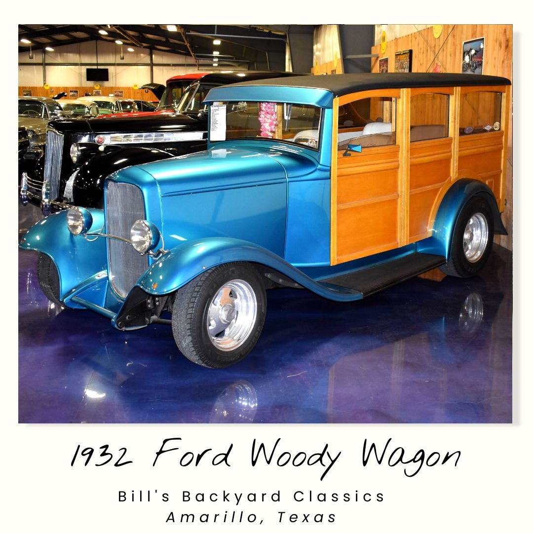 Blue 1932 Ford Woody Wagon on display at Bill's Backyard Classics in Amarillo, Texas.