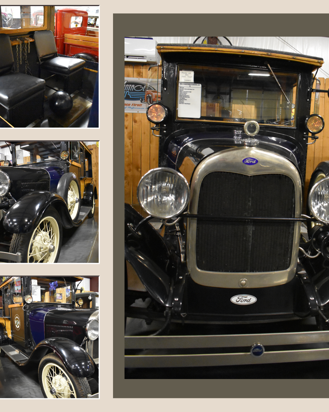 Ford Model A car with black body, silver grill, and wooden accents in a display setting.