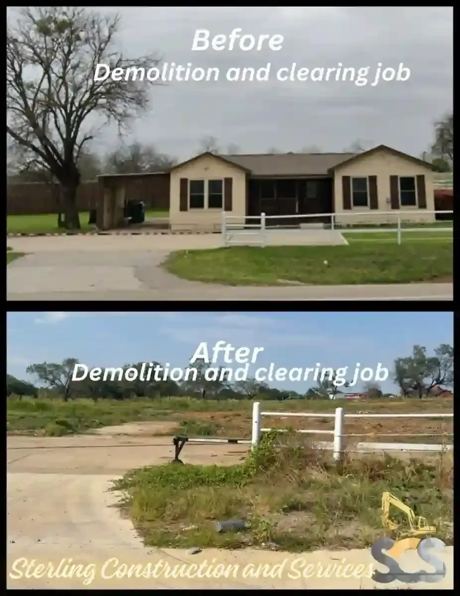 Before-and-after demolition of a beige house and cleared lot, labeled Sterling Construction and Services.