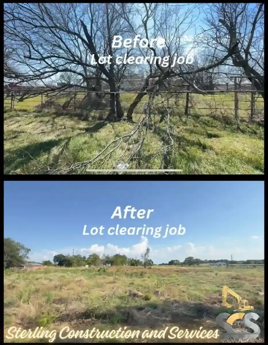 Before and after lot clearing: overgrown grassy field changed to open cleared lot under blue sky.