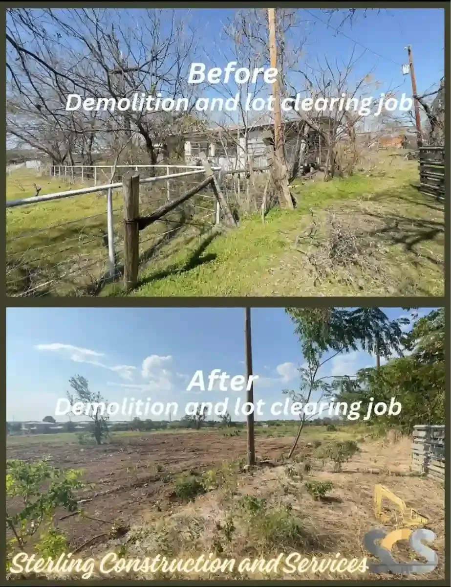 Before-and-after yard clearing: overgrown fence line cleared to open grassy lot.