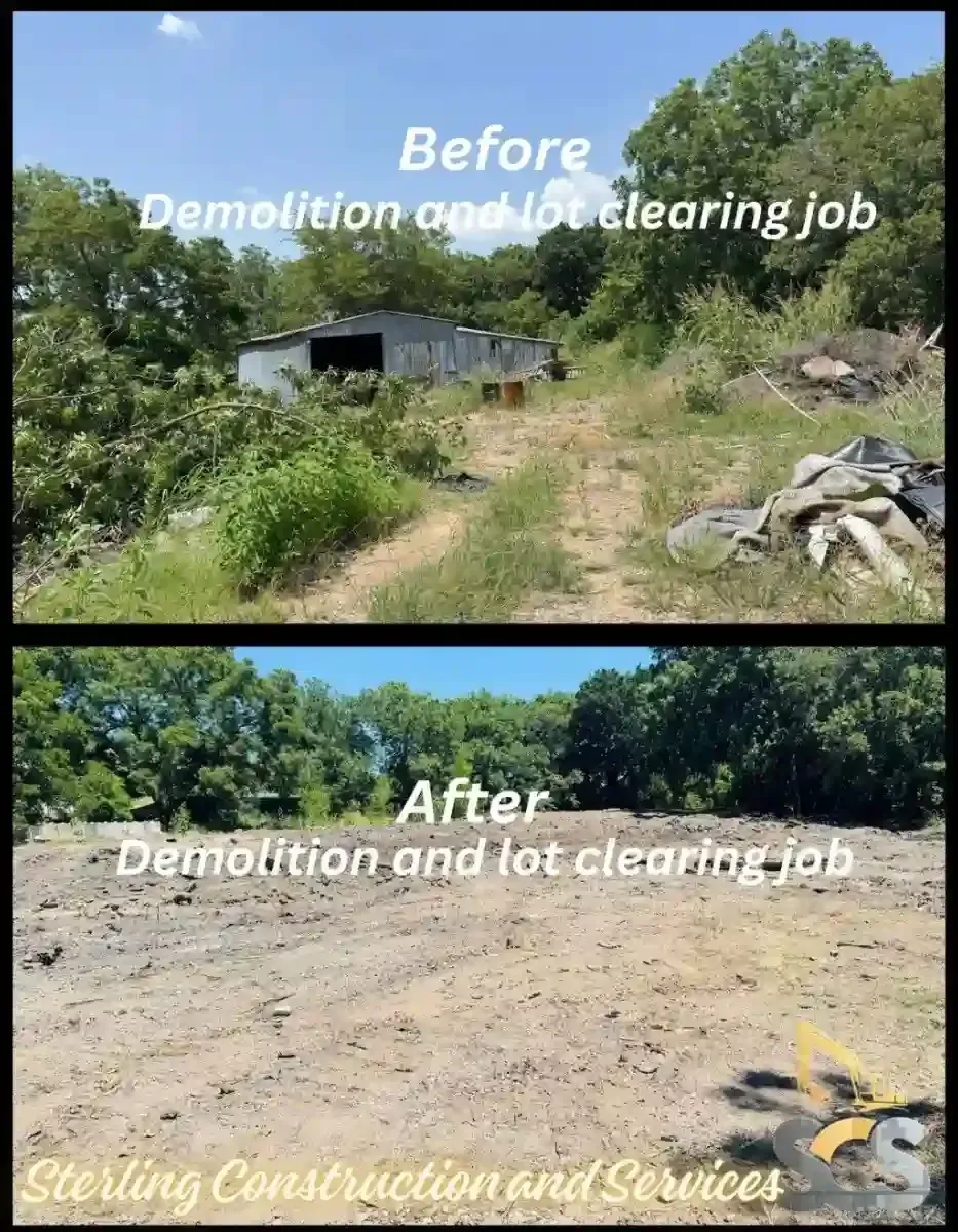 Before-and-after demolition and lot clearing: overgrown wooded lot changed to cleared dirt site.