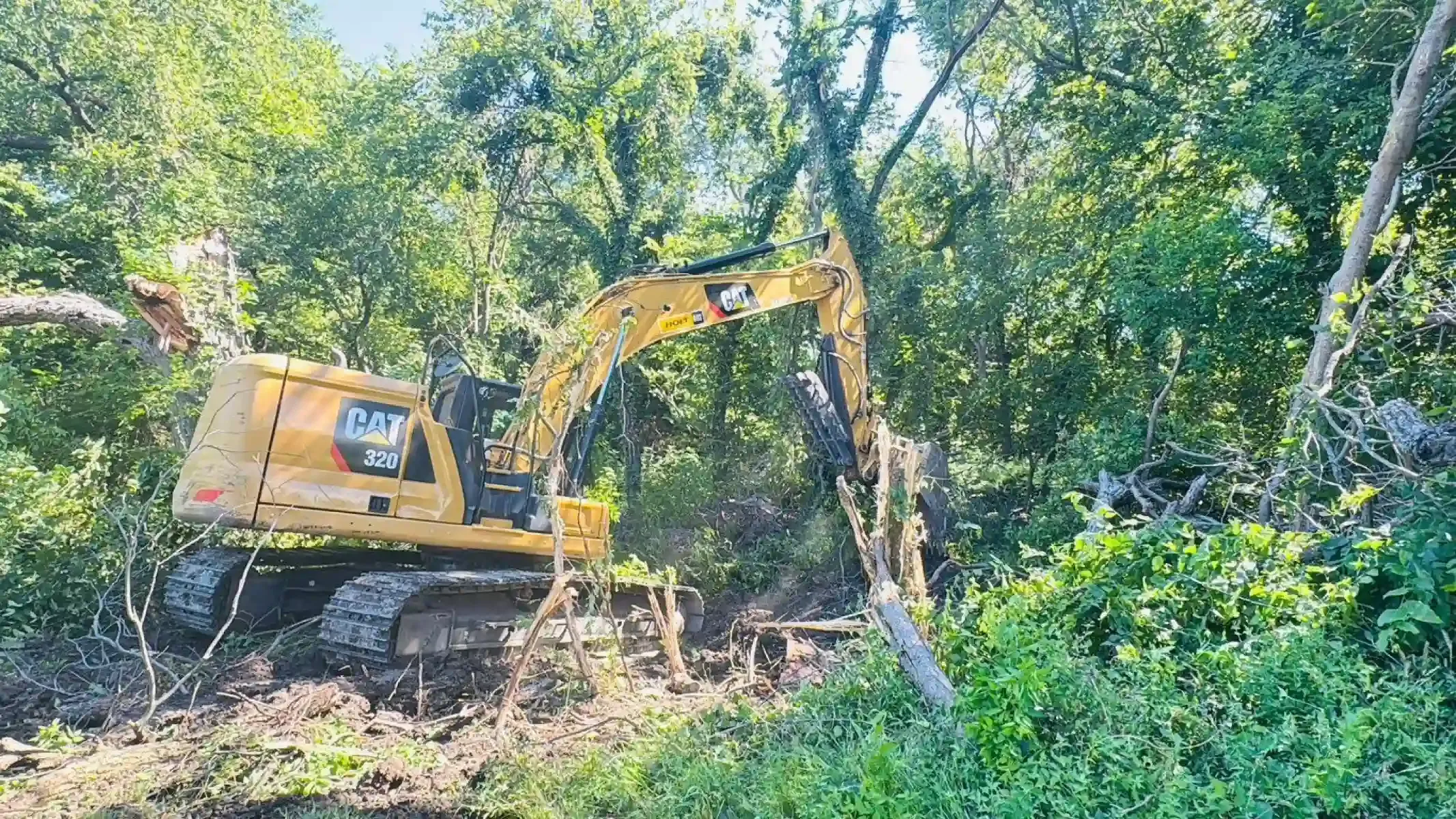 Yellow excavator clearing brush in a wooded area near a muddy stream