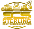 Gold Sterling Construction & Services logo with truck, loader, and excavator illustration