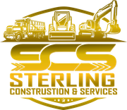 Gold Sterling Construction & Services logo with truck, loader, and excavator illustration