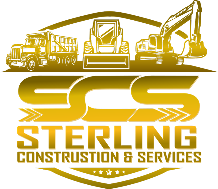 Gold Sterling Construction & Services logo with truck, loader, and excavator illustration