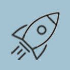 A rocket is flying through the air on a blue background.