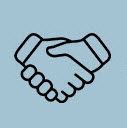 A line drawing of two hands shaking each other on a blue background.