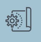 An icon of a gear on a piece of paper on a blue background.