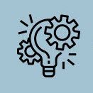 A light bulb with gears around it on a blue background.